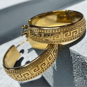 New 18k Gold Plated Luxury Chunky Greek Key 1" Hoop Earrings